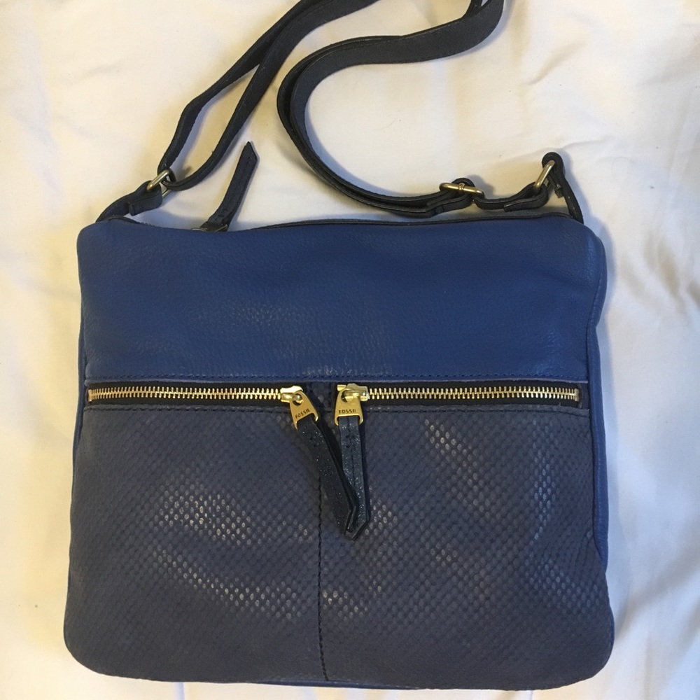 Blue Suede Fossil Crossbody w/Faux Snakeskin Accnt